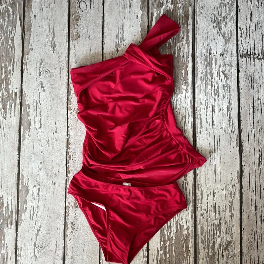 One Shoulder Scrunched Tankini & Bottoms - S